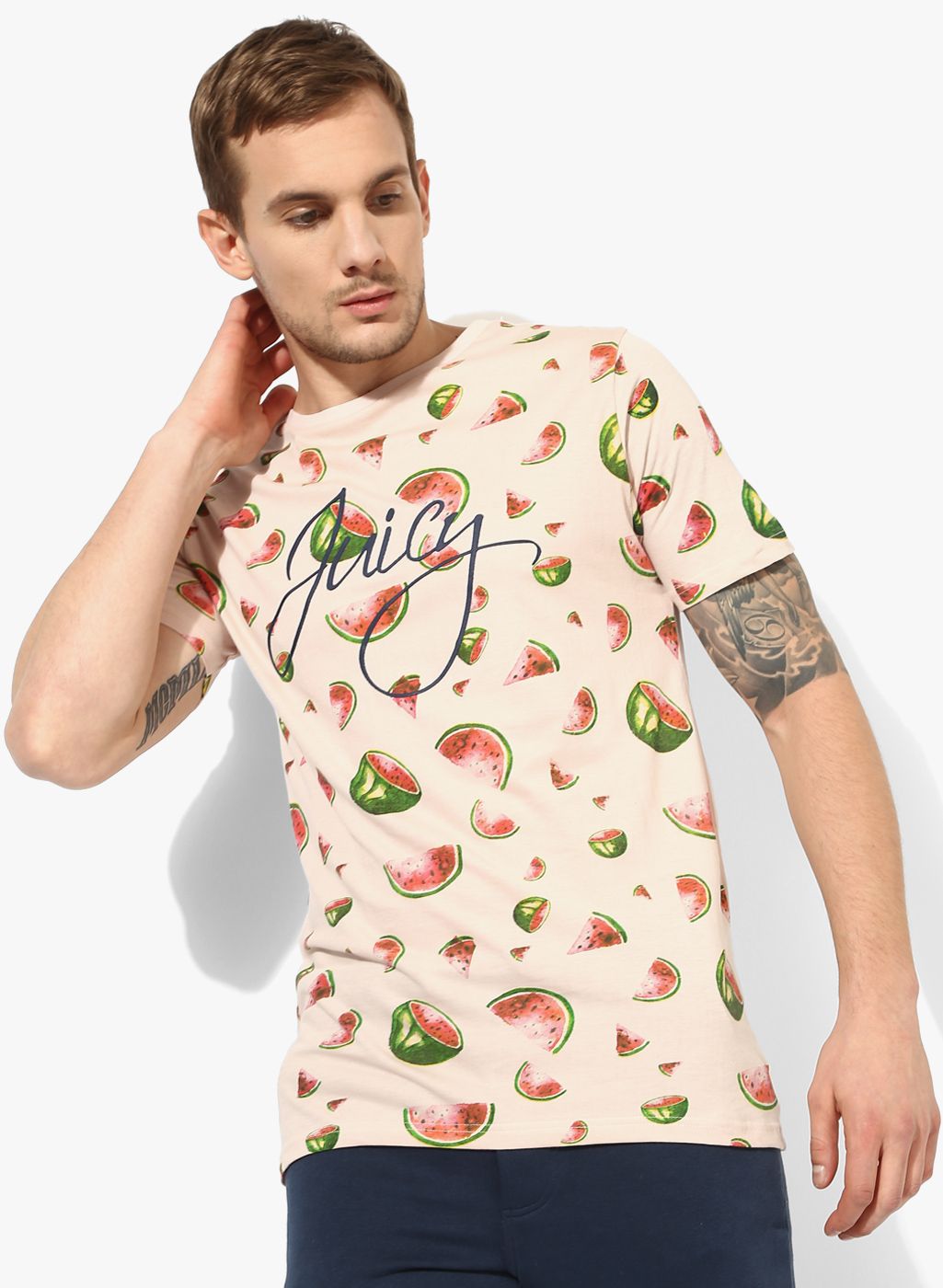 Adamo London Peach Printed Slim Fit Round Neck T-Shirt