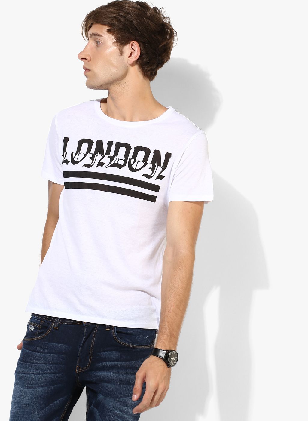 White Printed Regular Fit Round Neck T-Shirt