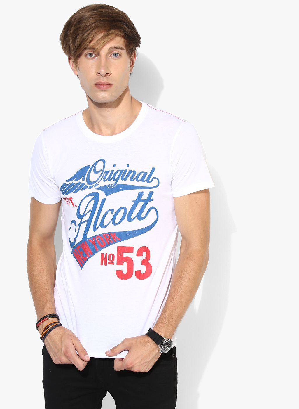 White Printed Regular Fit Round Neck T-Shirt