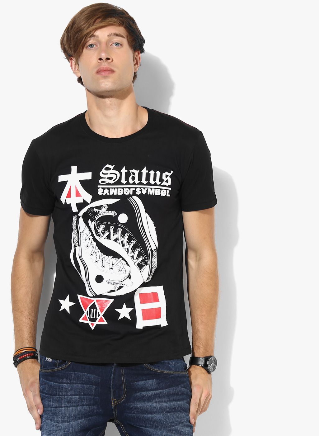 Black Graphic Regular Fit Round Neck T-Shirt
