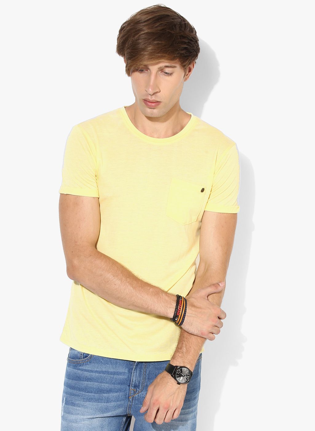 Yellow Solid Regular Fit Round Neck T-Shirt