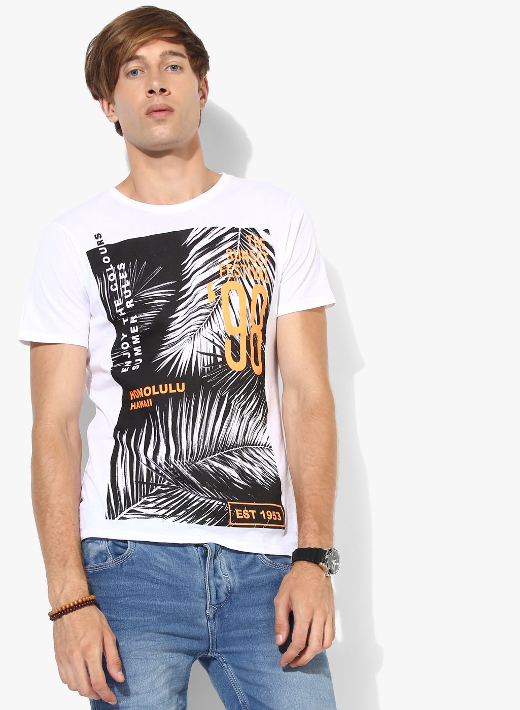 White Printed Regular Fit Round Neck T-Shirt
