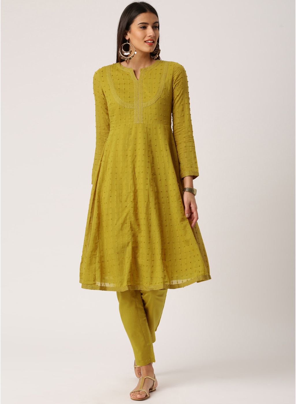 all about you Olive Self Pattern Kurta With Pants