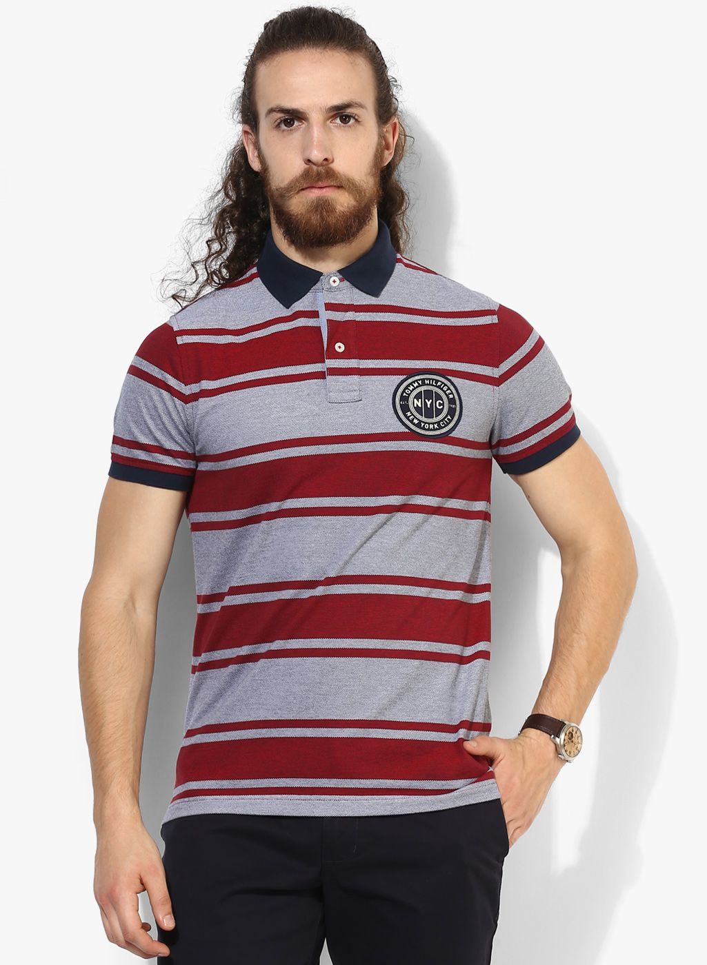 Grey Striped Slim Fit Polo T-Shirt