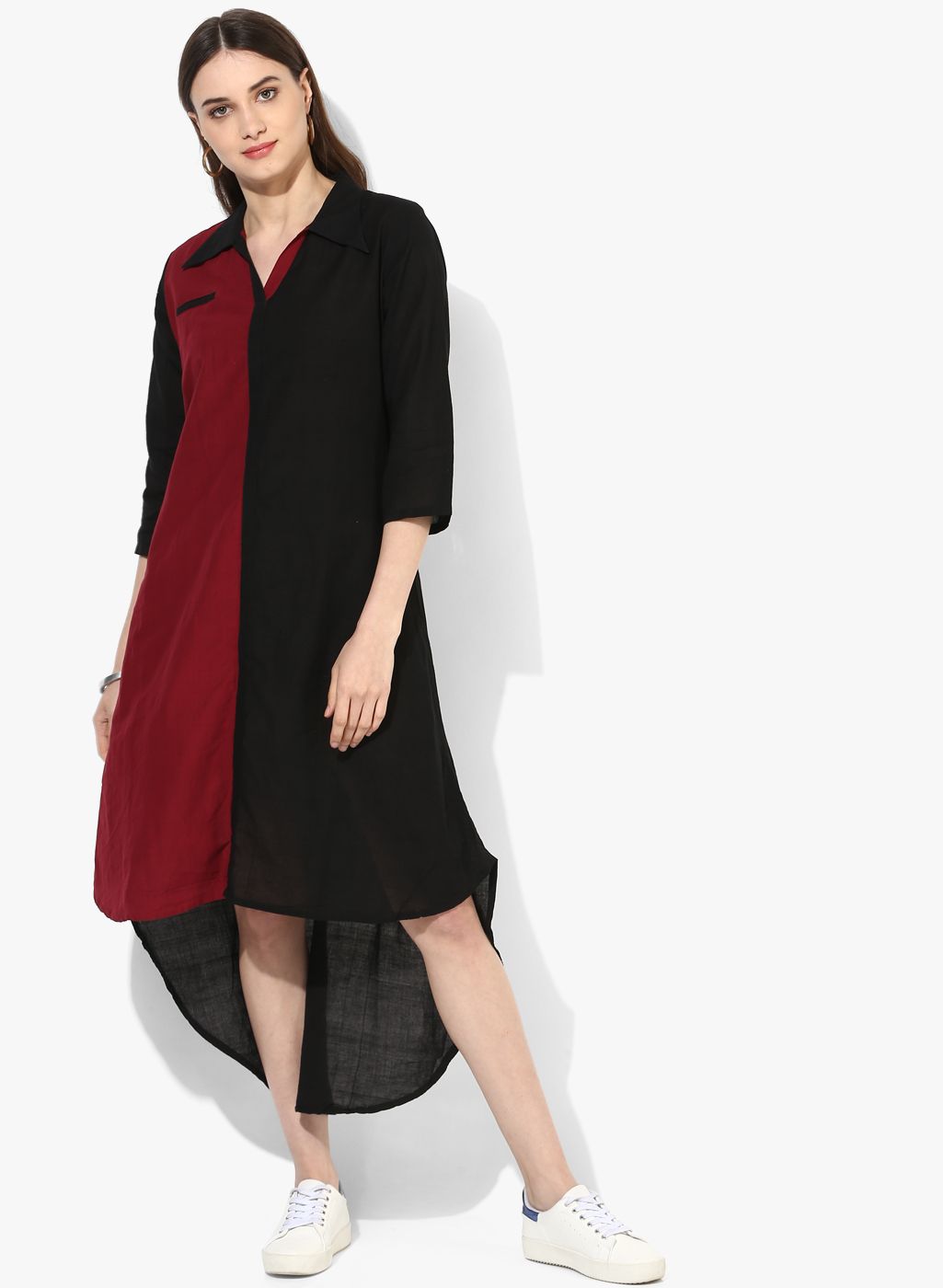 IndusDiva Maroon Coloured Solid Mangalgiri Handloom Asymmetric Dress