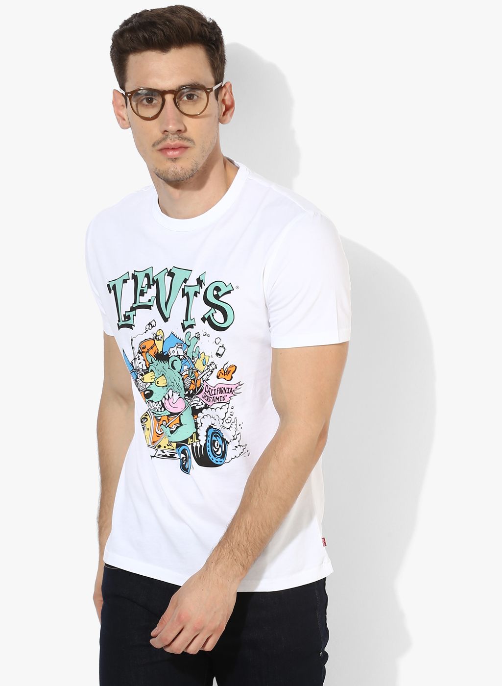 White Printed Regular Fit Round Neck T-Shirt