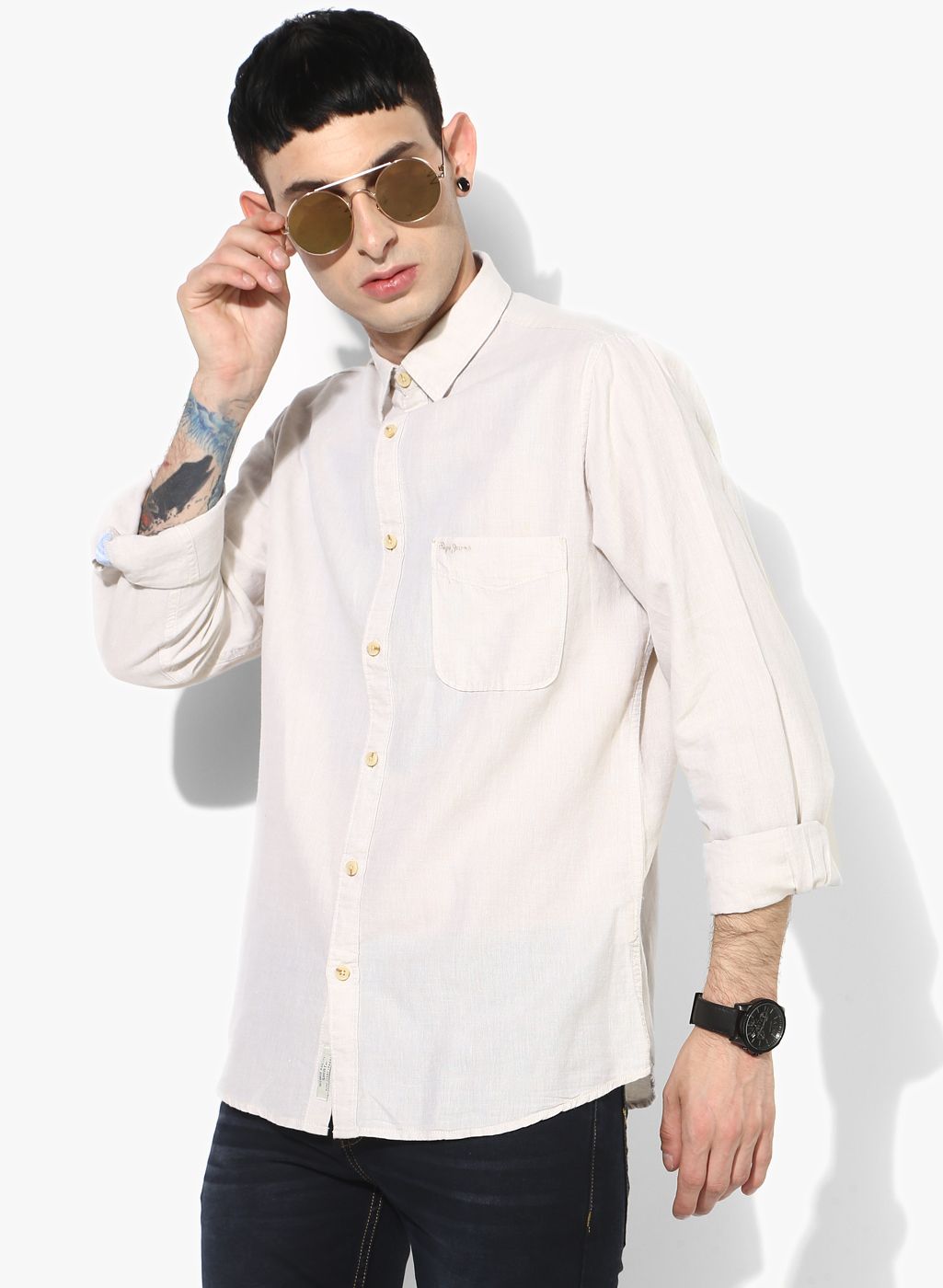 Pepe Jeans Beige Solid Regular Fit Casual Shirt