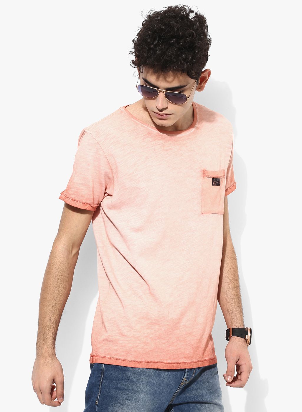 Scotch & Soda Peach Self Design Round Neck Tshirt
