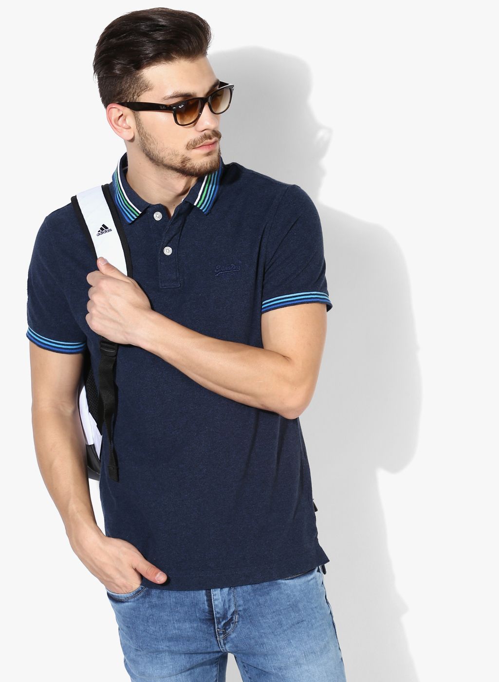Superdry Navy Blue Solid Regular Fit Polo T-Shirt