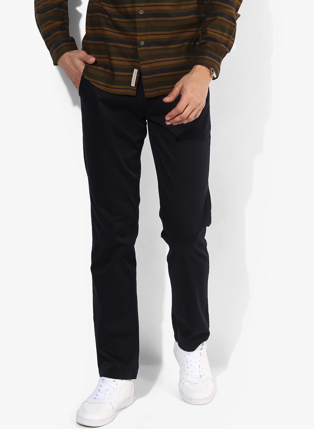 Wills Lifestyle Navy Blue Solid Slim Fit Chinos
