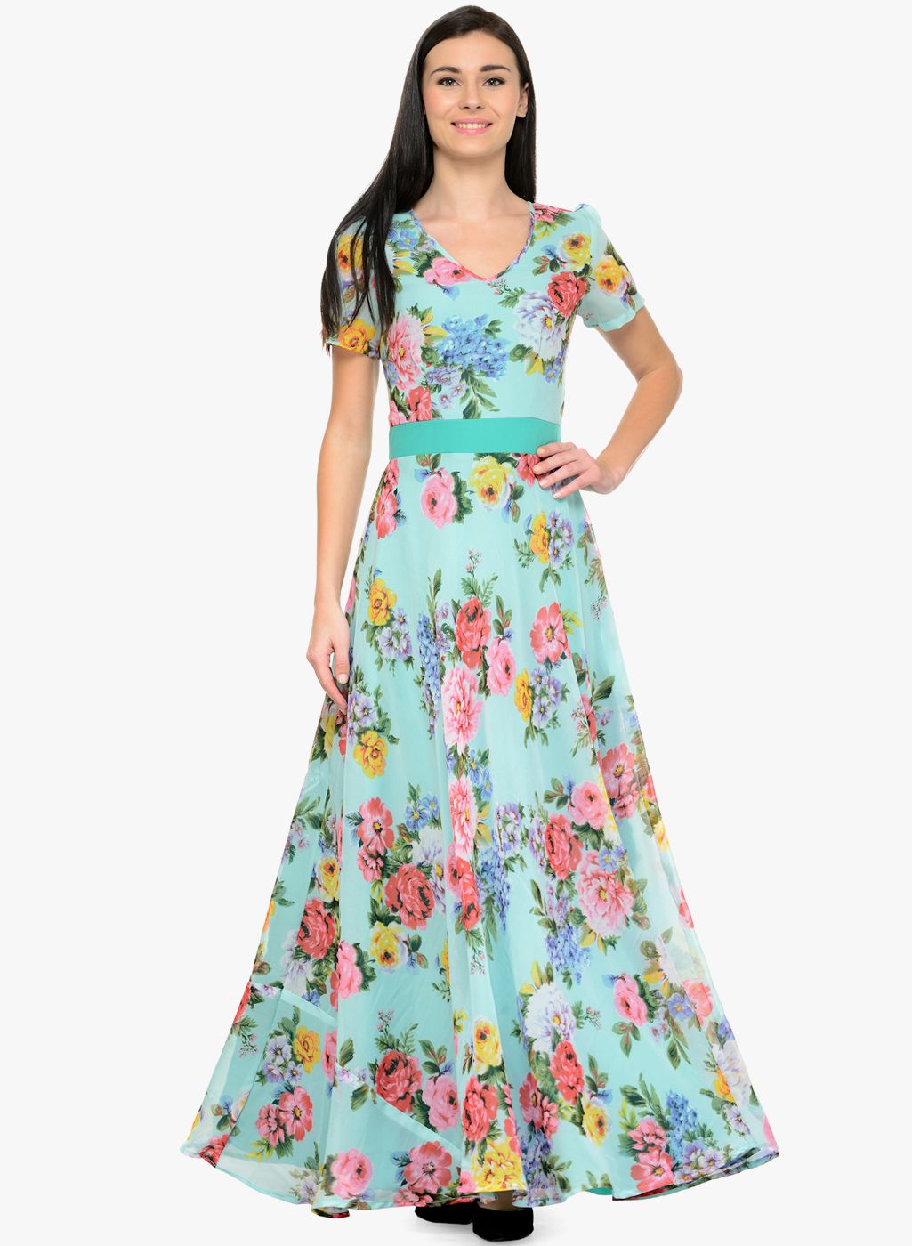 Aqua Blue Coloured Printed Maxi Dress