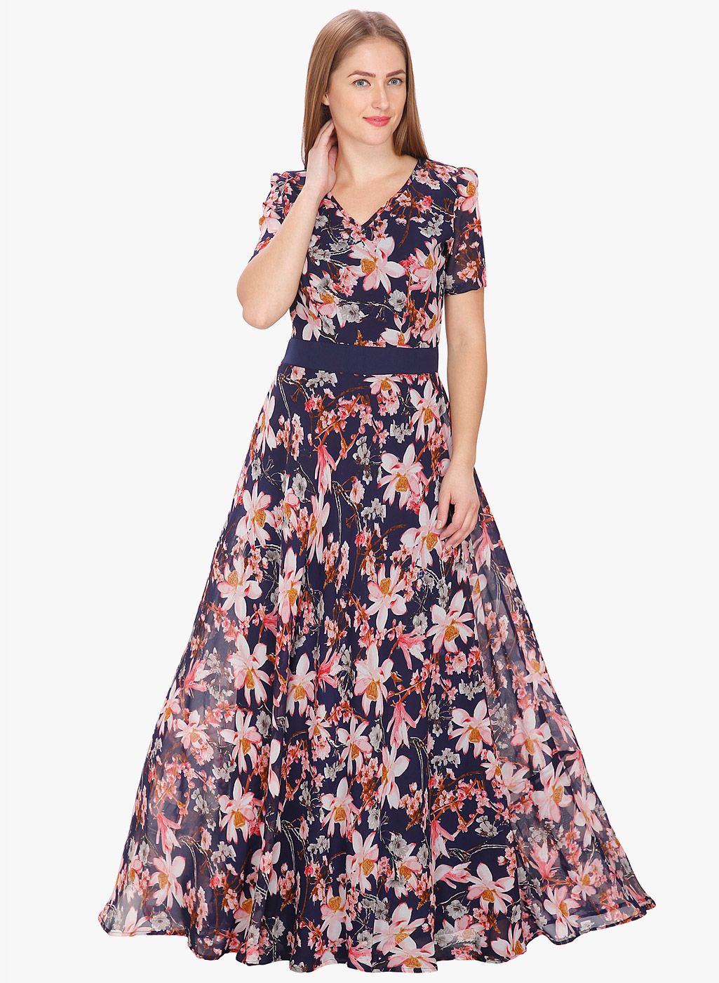 Just Wow Navy Blue Coloured Printed Maxi Dress