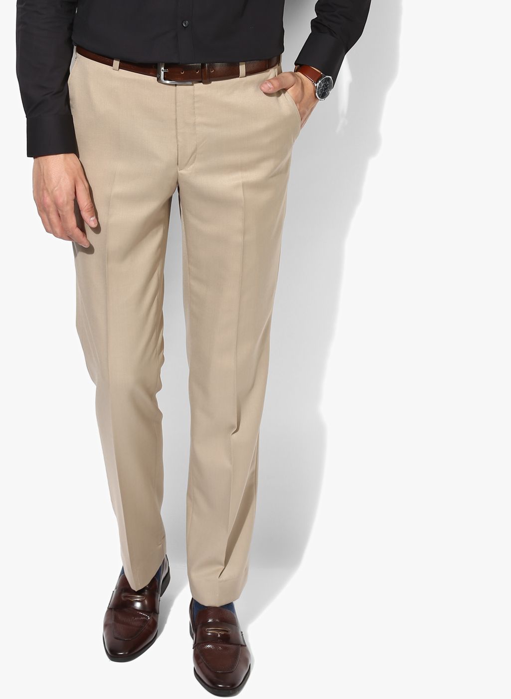 Beige Solid Slim Fit Formal Trouser