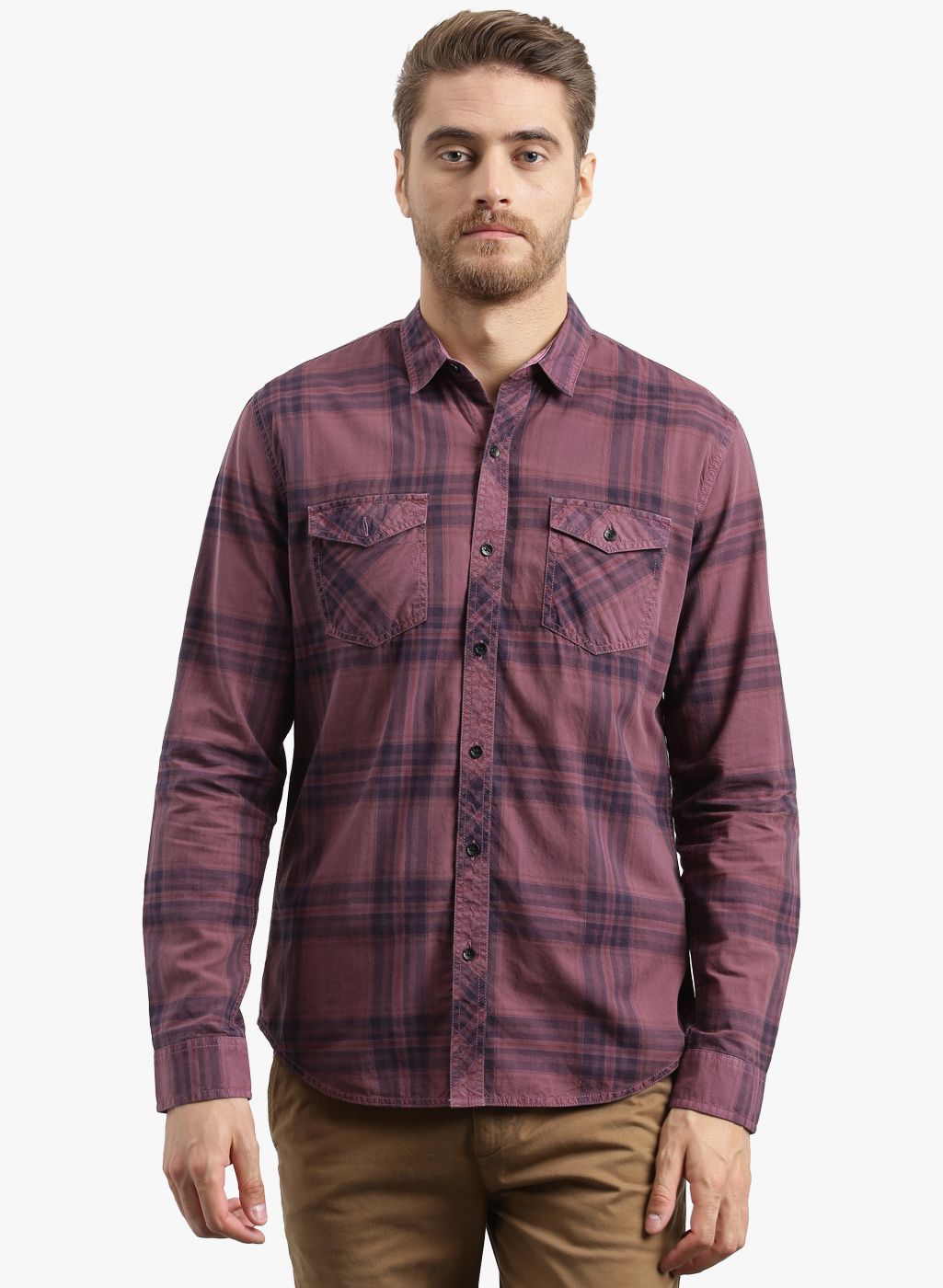 Breakbounce Mauve Checked Slim Fit Casual Shirt
