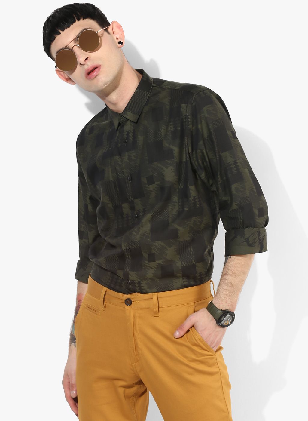Blackberrys Olive Printed Slim Fit Casual Shirt