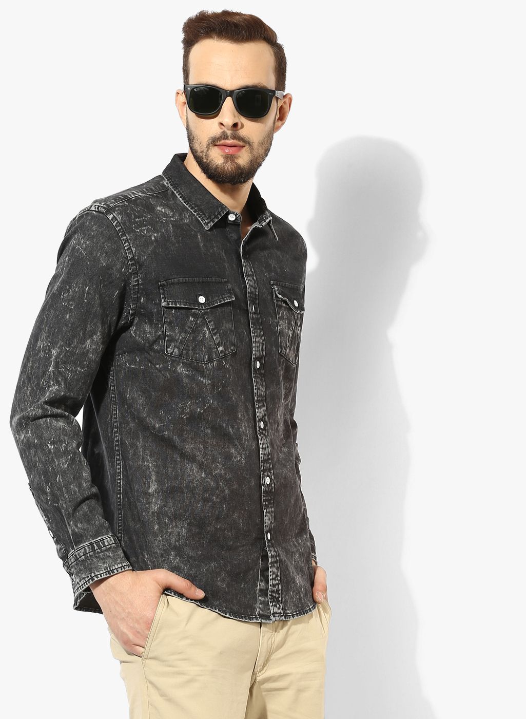 Blue Saint Dark Grey Washed Slim Fit Denim Shirt
