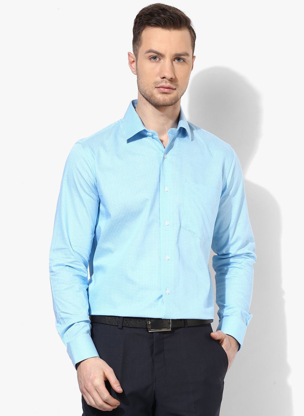 Light Blue Checked Slim Fit Formal Shirt