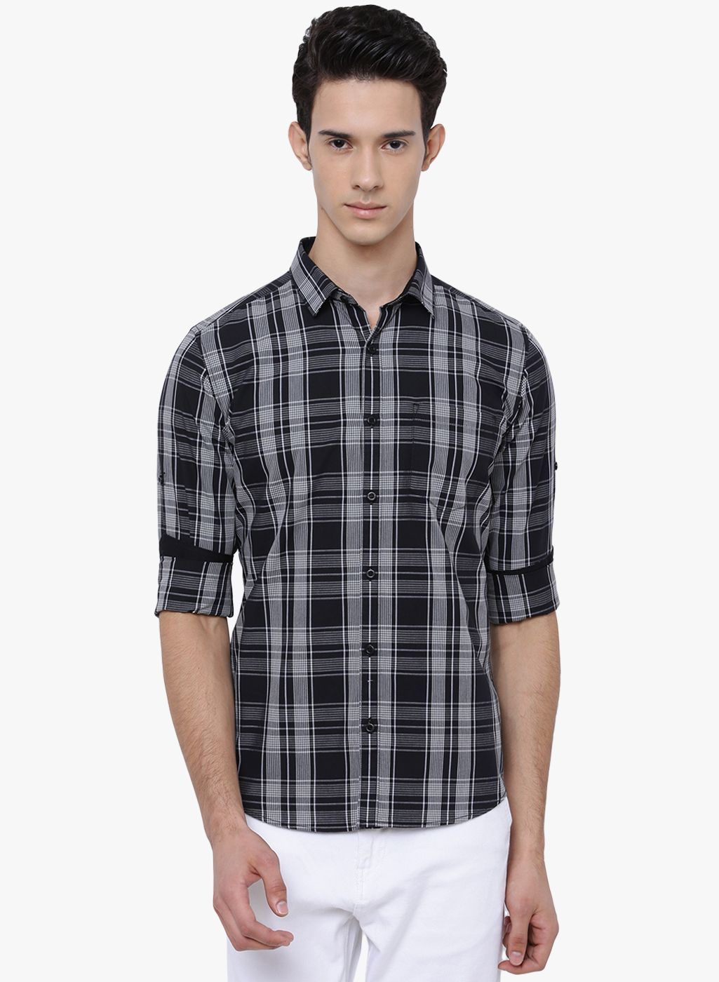 HIGHLANDER Dark Grey Checked Slim Fit Casual Shirt