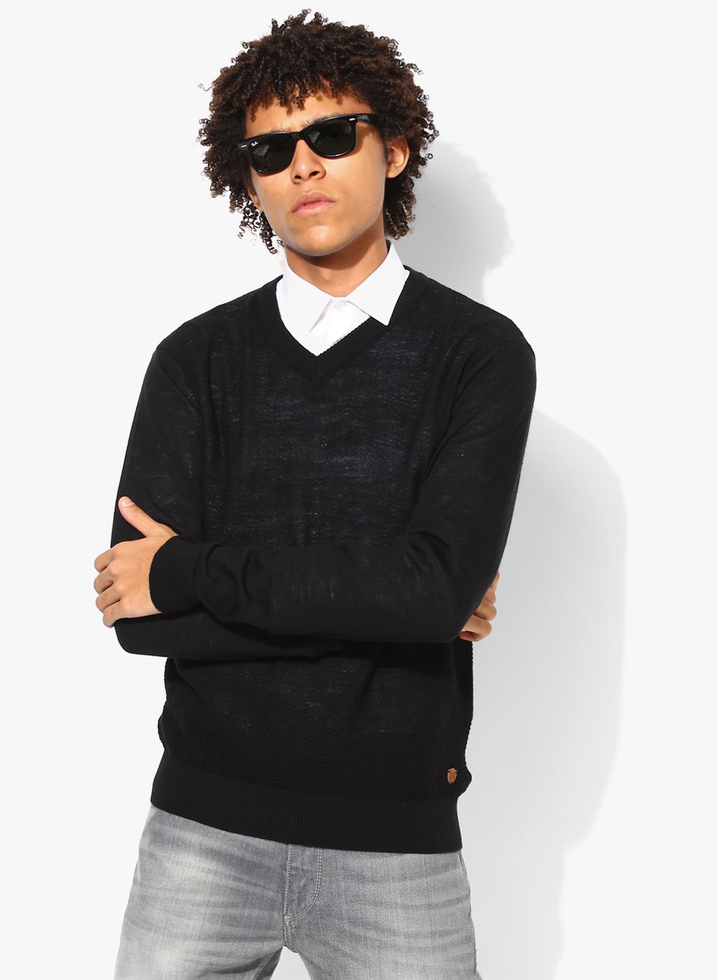Raymond Black Textured Regular Fit V Neck Sweater