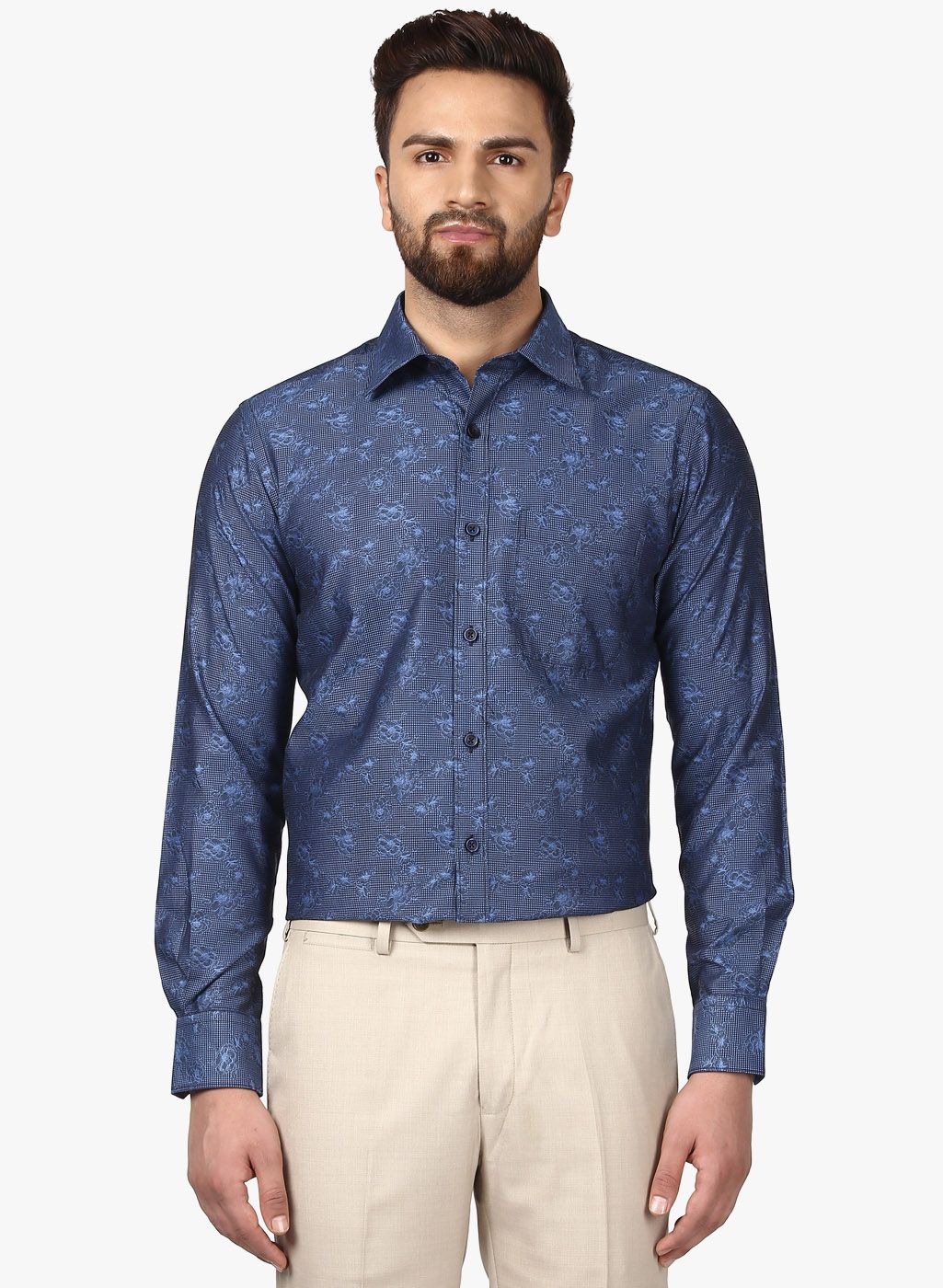 Raymond Blue Embroidered Regular Fit Formal Shirt