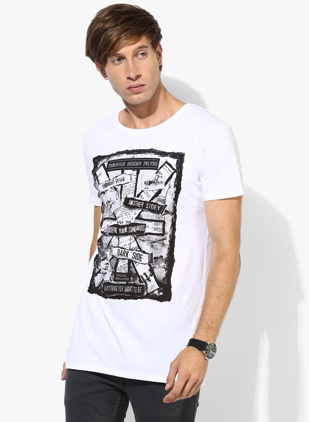 White Printed Regular Fit Round Neck T-Shirt