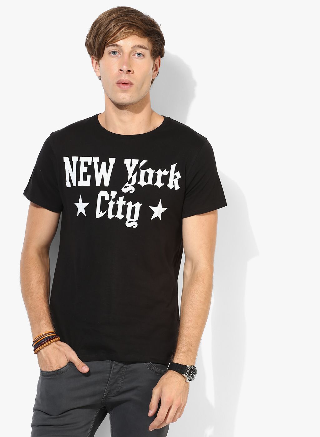 Black Graphic Regular Fit Round Neck T-Shirt