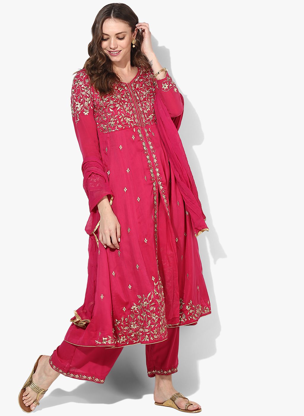 Biba Fuchsia Embroidered Palazzo Kameez Dupatta