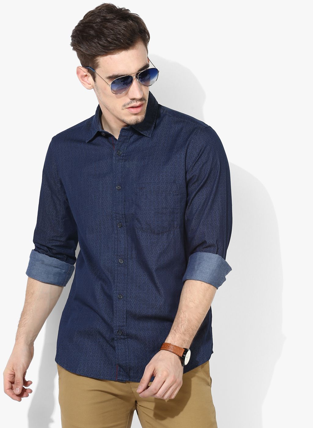 ColorPlus Navy Blue Printed Slim Fit Casual Shirt