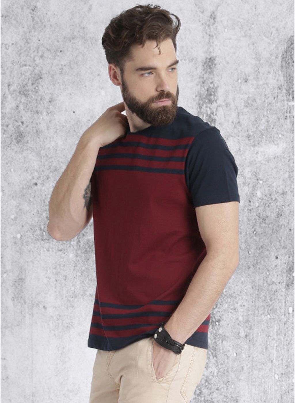 Roadster Maroon Striped Regular Fit Round Neck T-Shirt