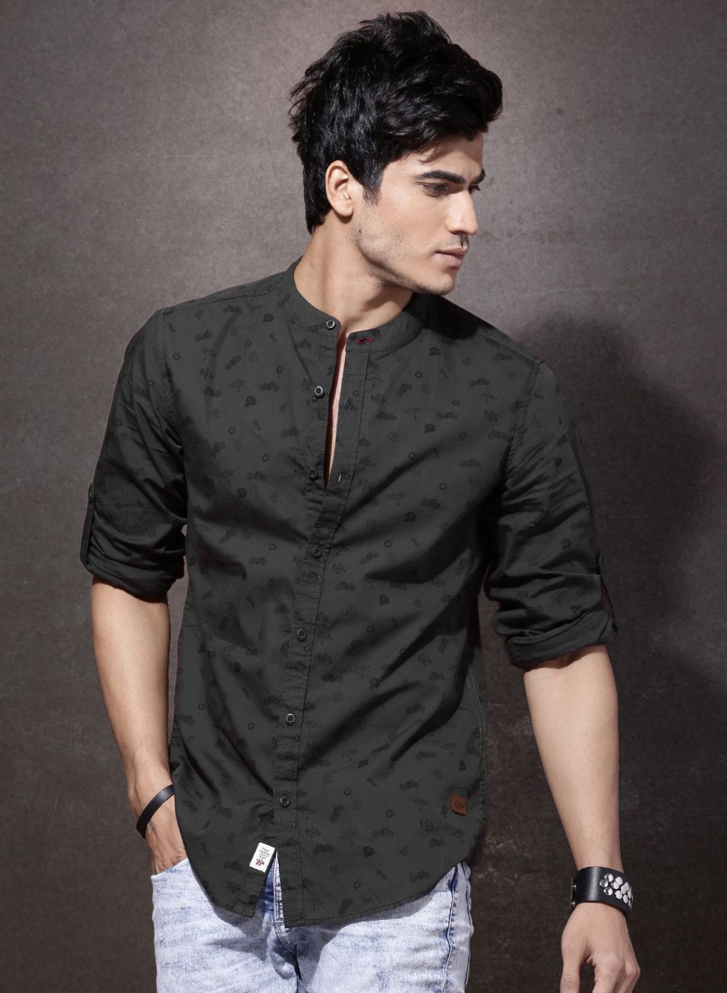 Roadster Charcoal Regular Fit Printed Casual Shirt