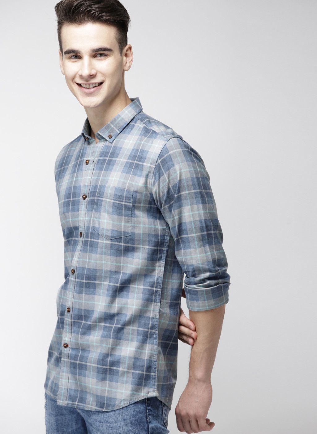 Mast & Harbour Blue Checked Slim Fit Casual Shirt