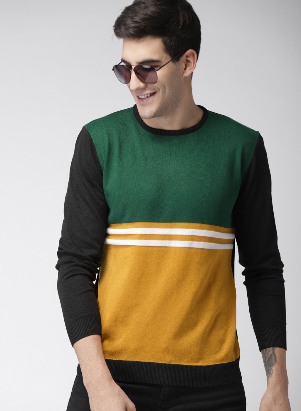 Mast & Harbour Green Colourblocked Round Neck Sweater