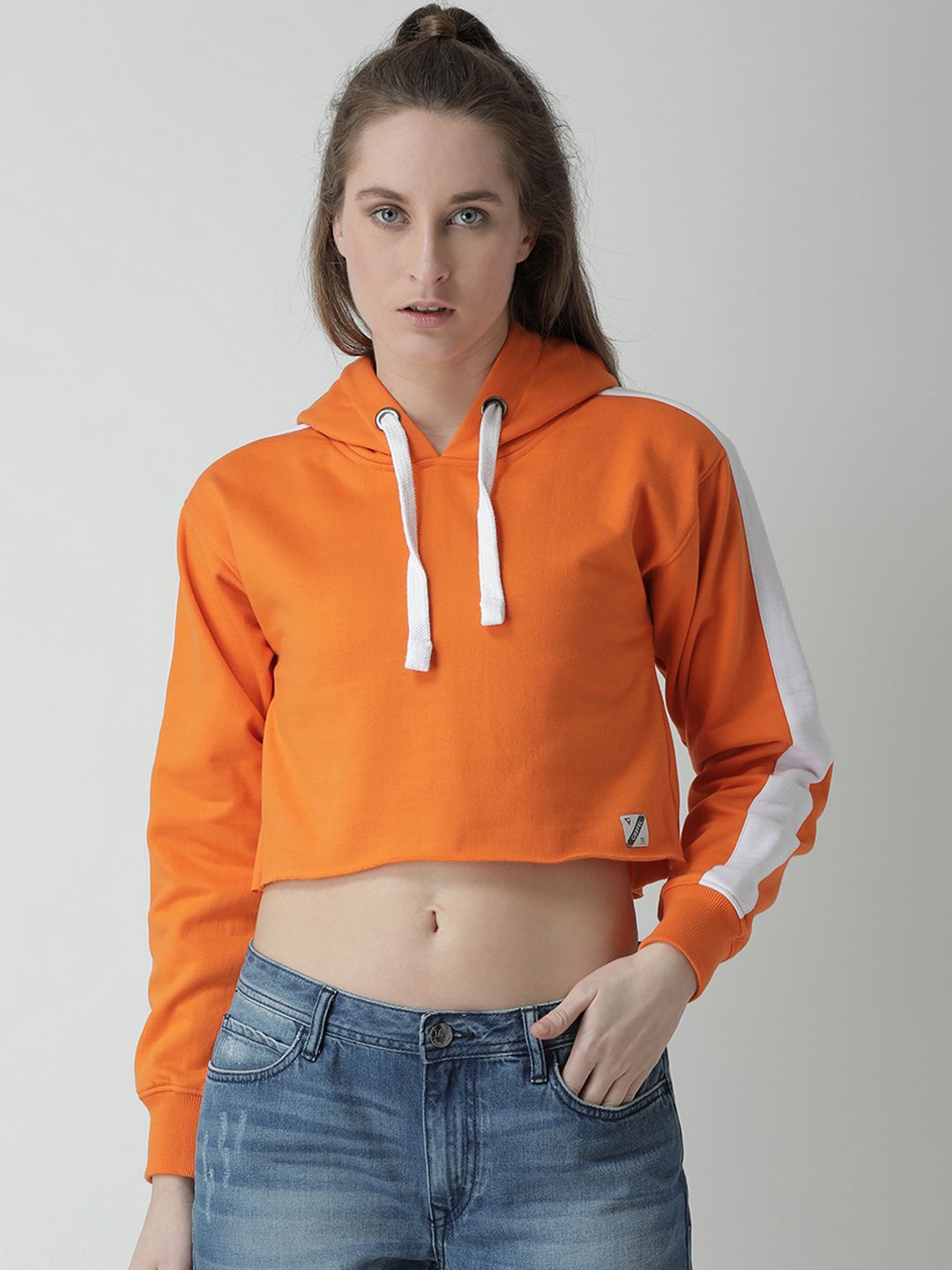 GRIFFEL Women Orange Solid Hooded Crop Sweatshirt Price in India