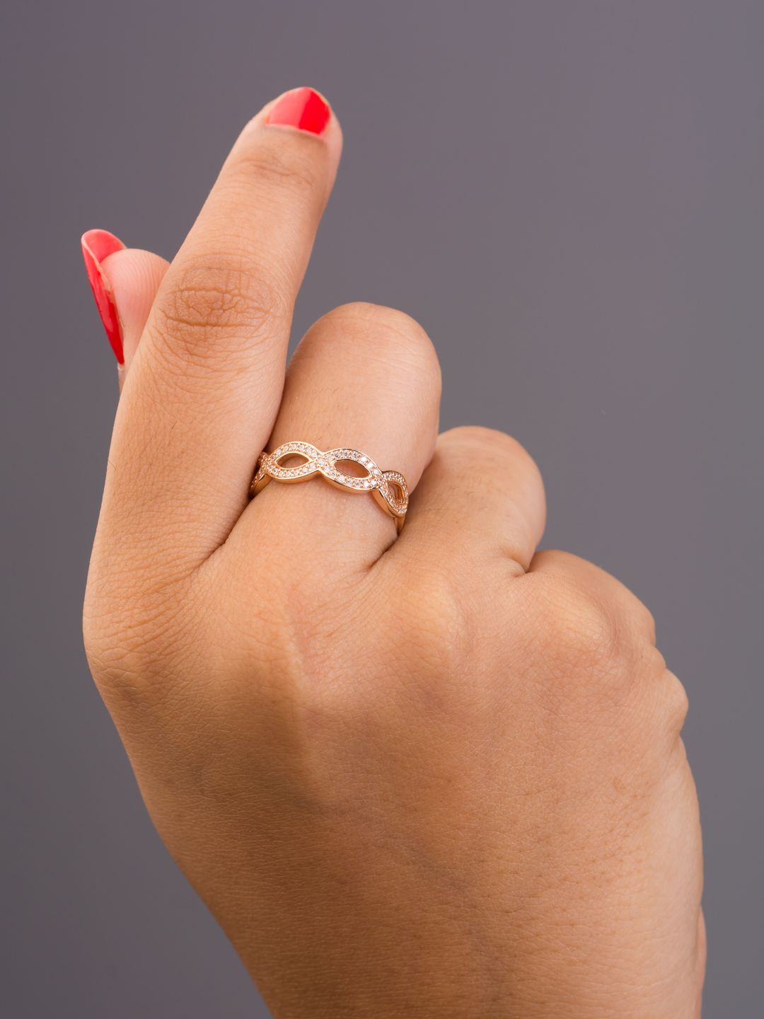 TALISMAN Rose Gold-Plated With Embedded White CZ Stones Handcrafted Infinity-Shaped Ring Price in India
