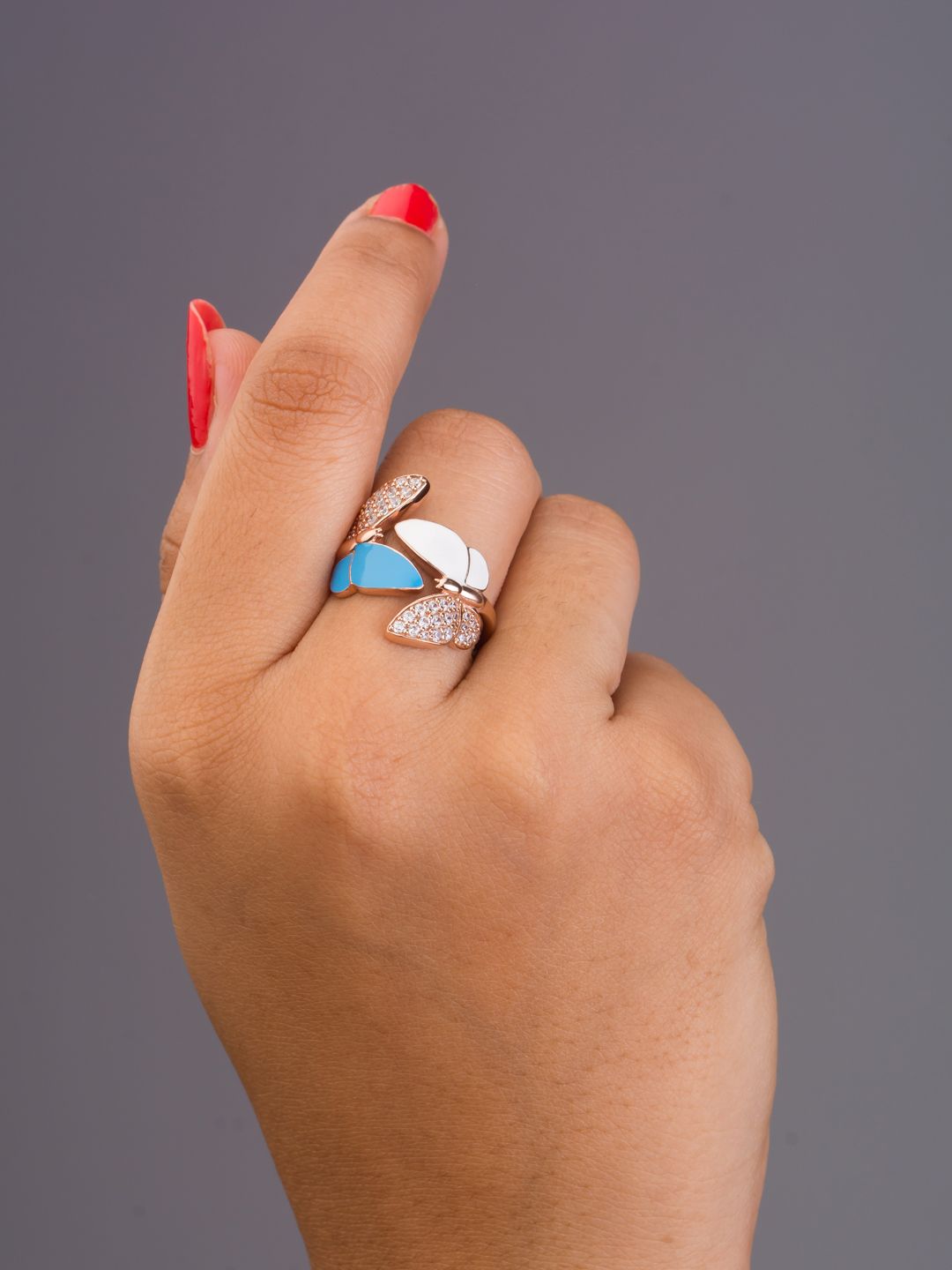 TALISMAN Rose Gold-Plated Handcrafted Embedded White CZ-Stones Butterflies-Shaped Ring Price in India