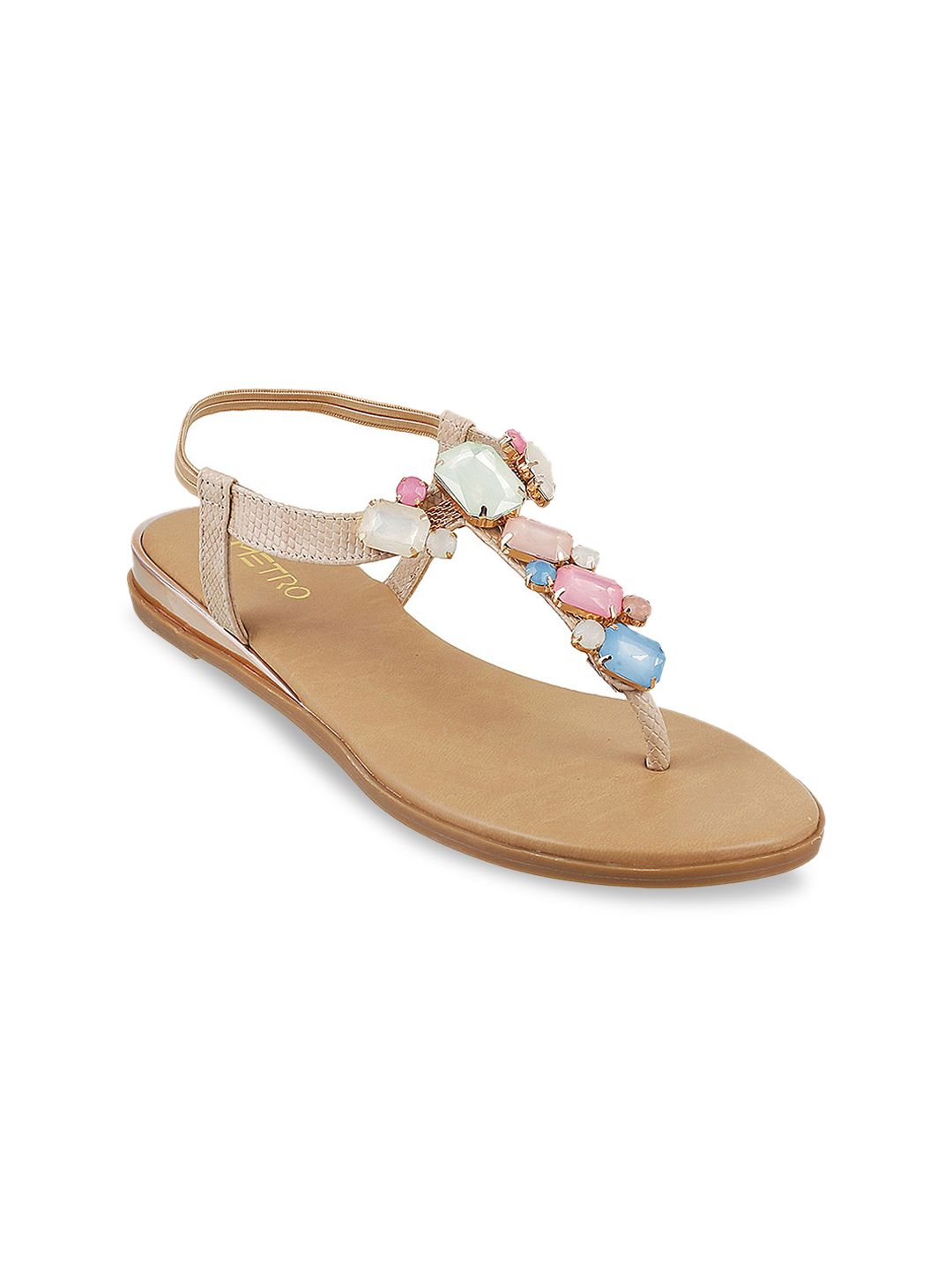 Metro Women Beige Solid Synthetic T-Strap Flats Price in India