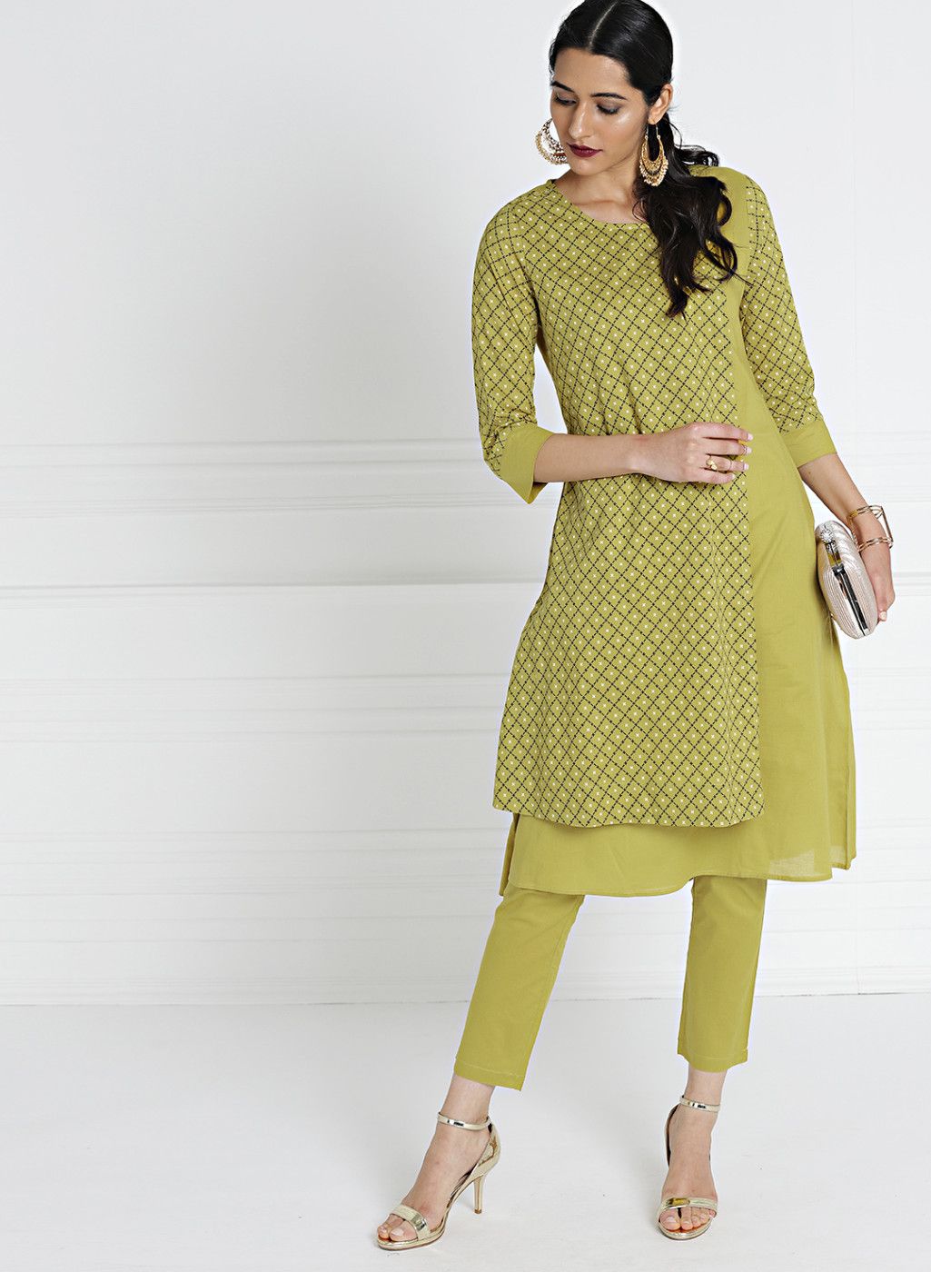 all about you Green Checked Kurta With Trousers