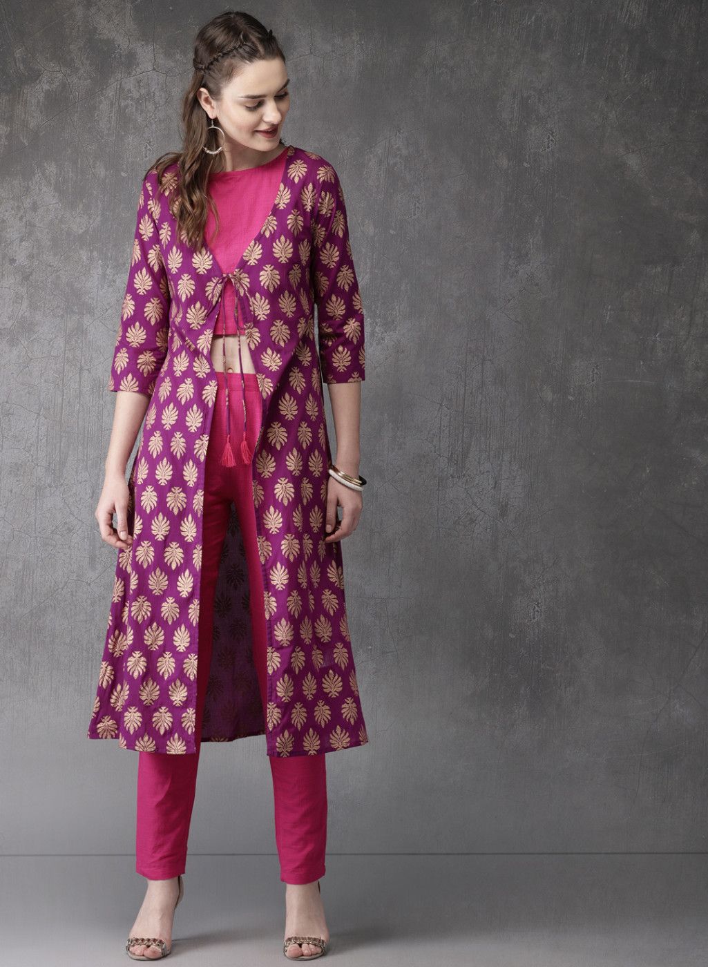 Anouk Purple & Pink Printed Kurta with Trousers