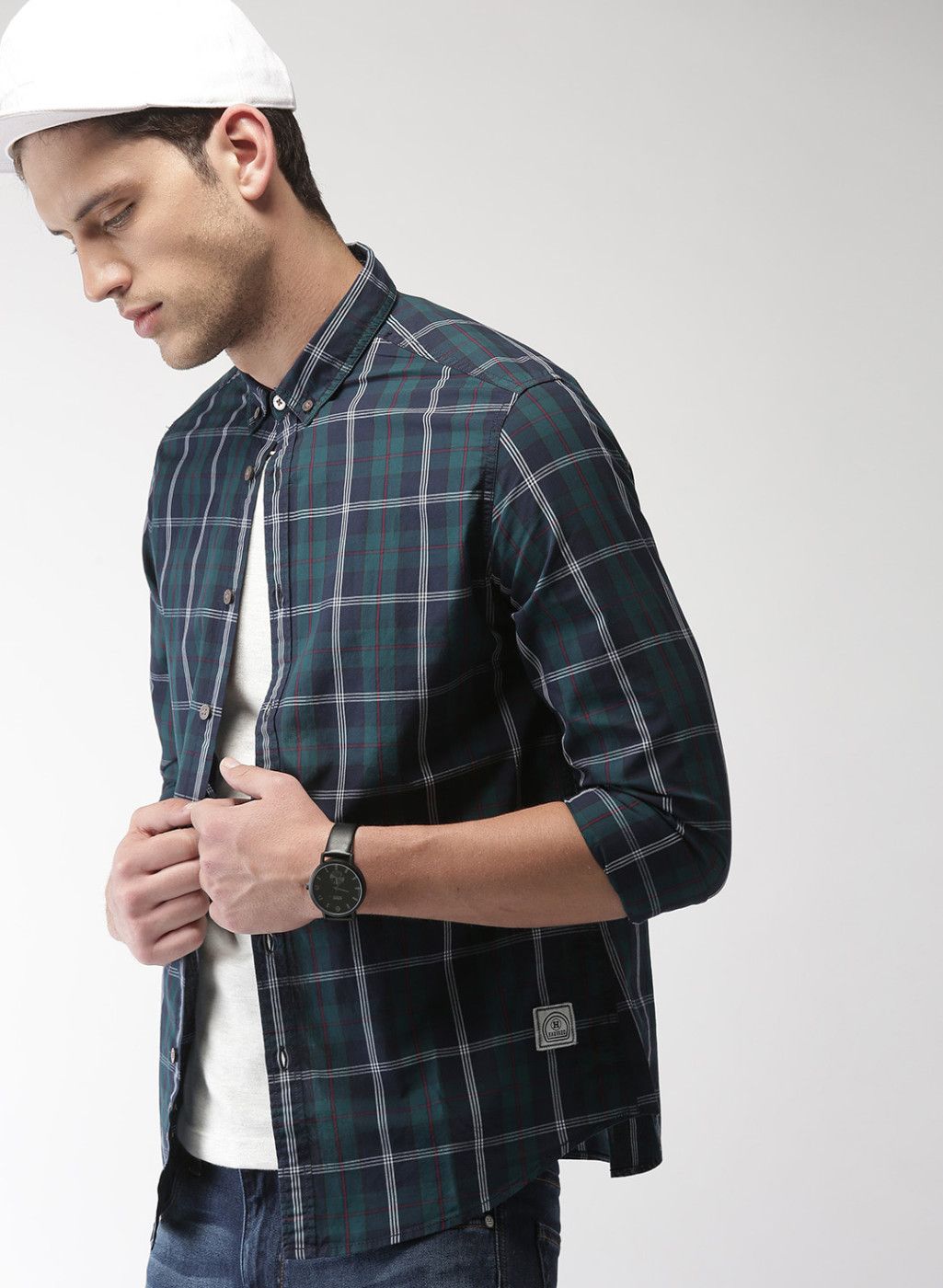 Harvard Navy Blue Regular Fit Checked Casual Shirt