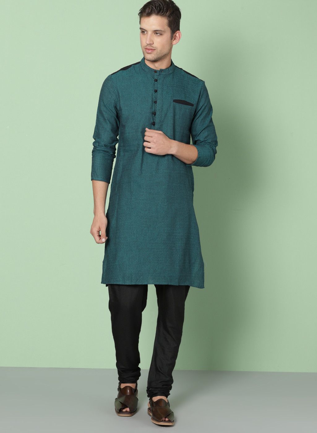 House of Pataudi Teal Woven Design Straight Kurta