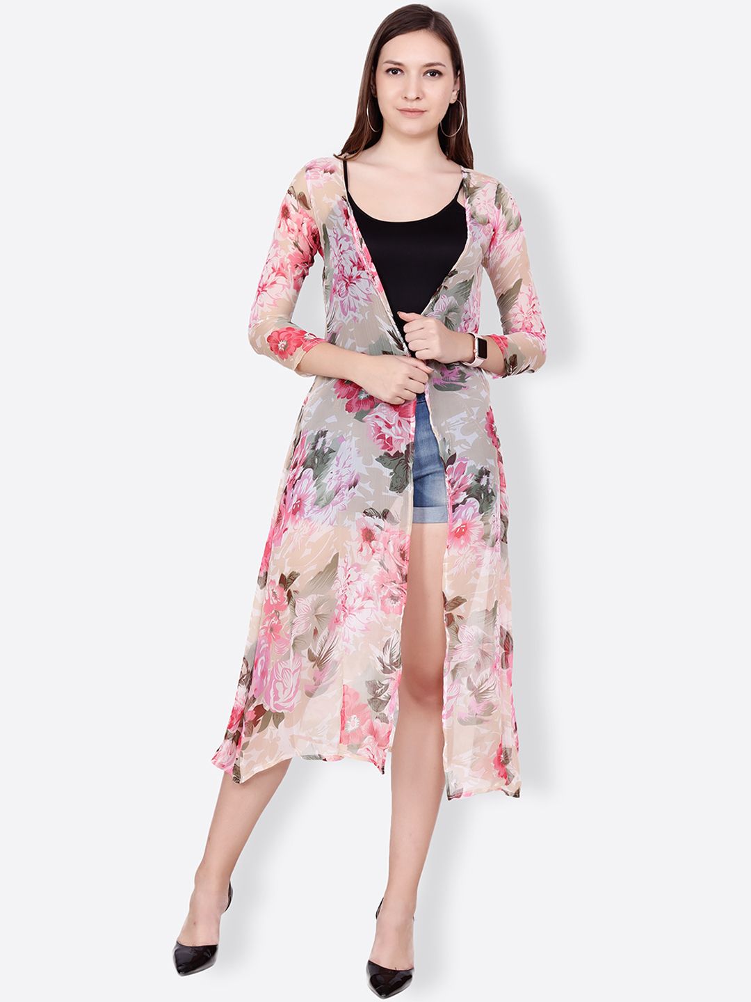 SCORPIUS Pink Printed Long line Shrug Price in India