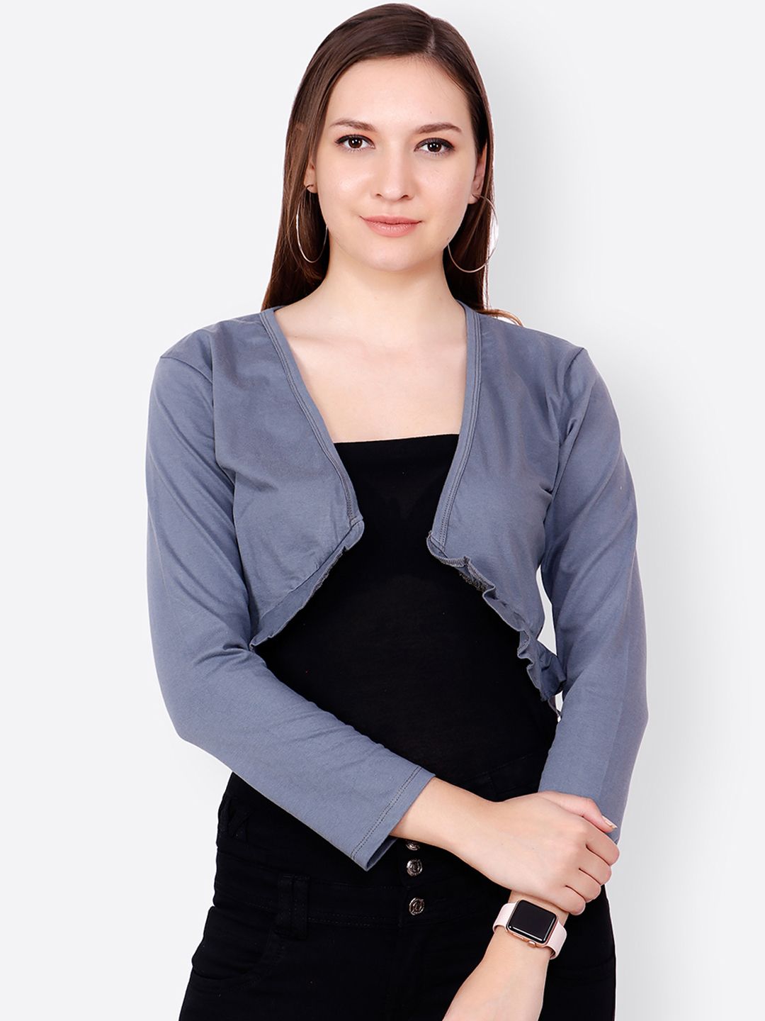 SCORPIUS Blue Solid Crop Shrug Price in India