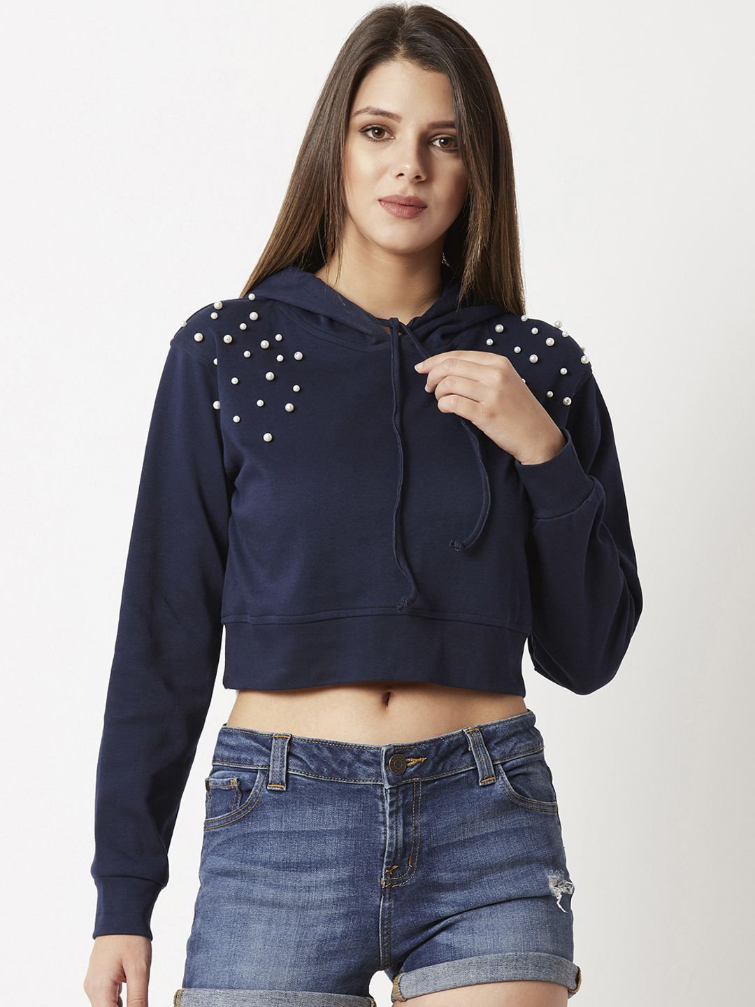 Miss Chase Women Navy Blue Solid Hooded Sweatshirt Price in India