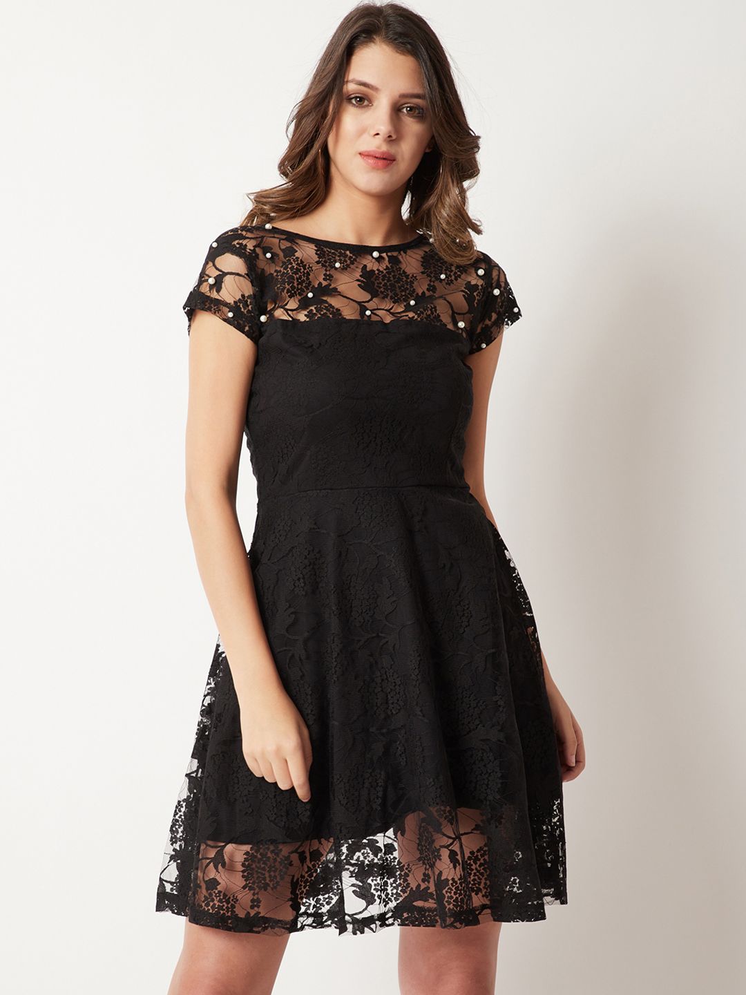 Miss Chase Black Lace Inserts Fit and Flare Dress Price in India