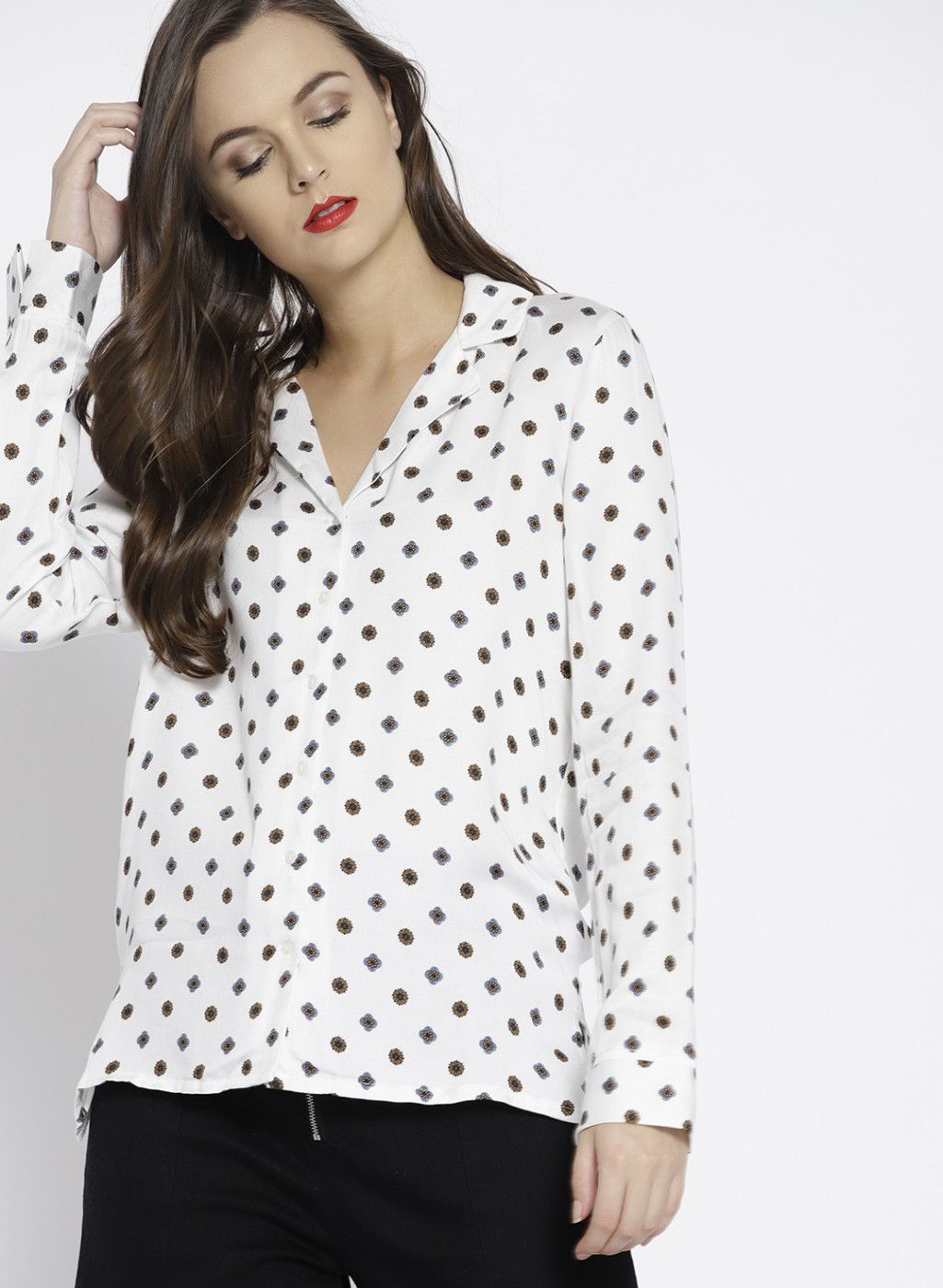 MANGO White & Brown Regular Fit Printed Casual Shirt