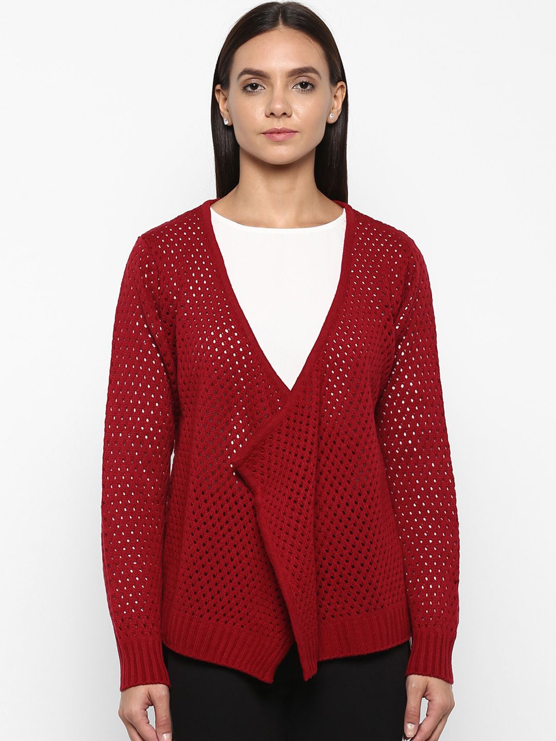 Park Avenue Women Red Self Design Front-Open Sweater Price in India