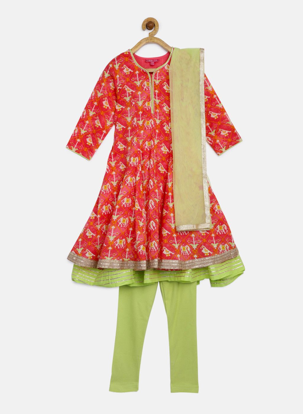 Biba Biba Girls Pink & Green Printed Kurta Set