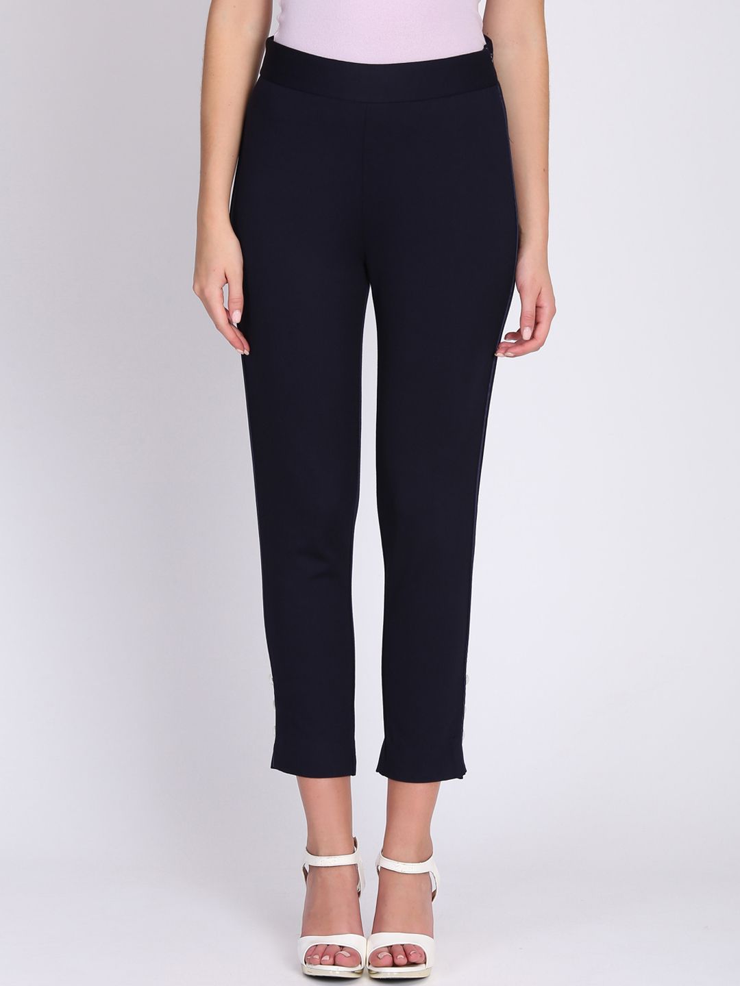 NIZA Women Navy Blue Regular Fit Solid Trousers Price in India