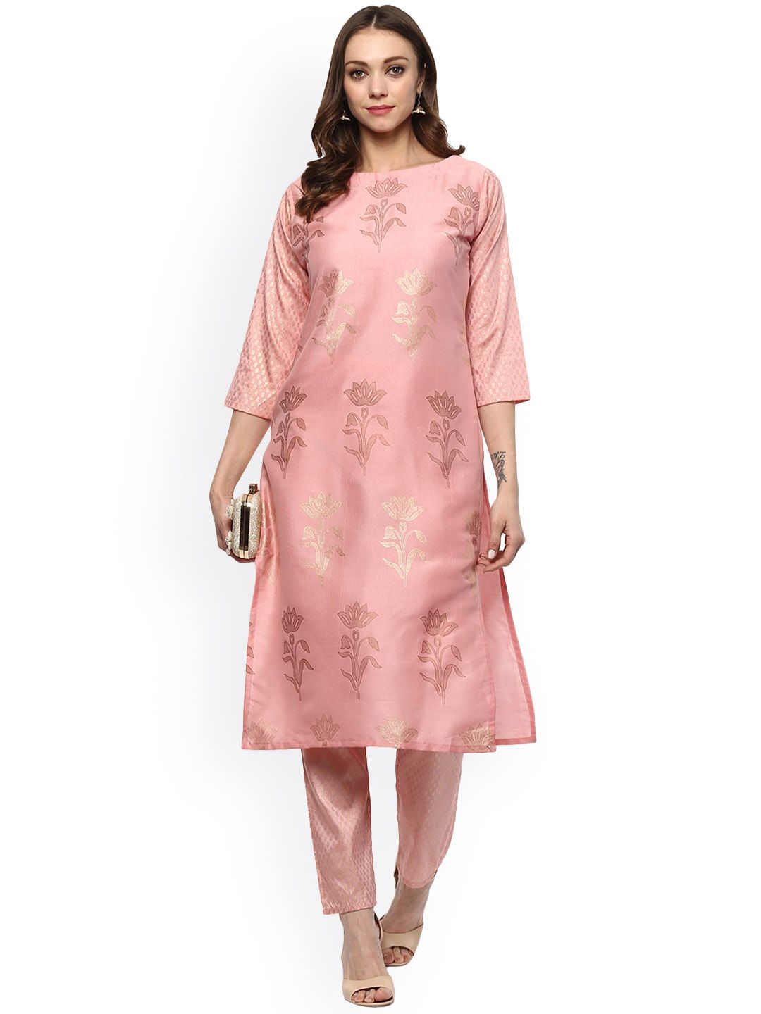 ZIYAA Women Pink Printed Kurti with Trousers Price in India