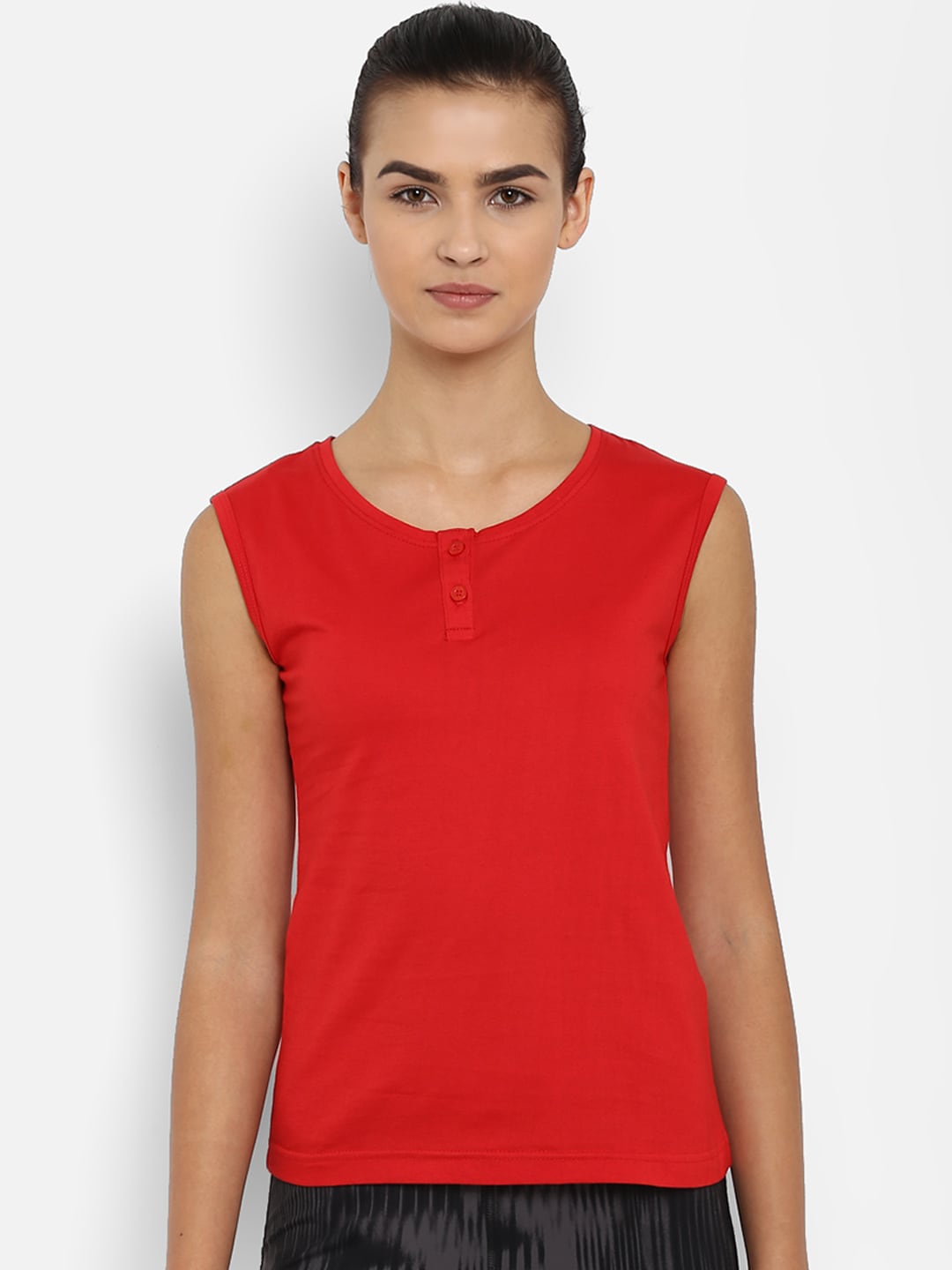 appulse Women Red Solid Henley Neck Sleeveless Slim Fit T-shirt Price in India